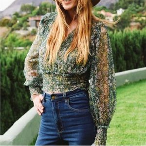 Free People Twyla Print Green Floral Cropped Long Sleeve Blouse, size L